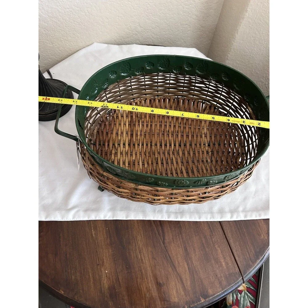 Vintage Wicker Oval Pine Cone Basket Green Metal Handles Stamped Pine Cones READ